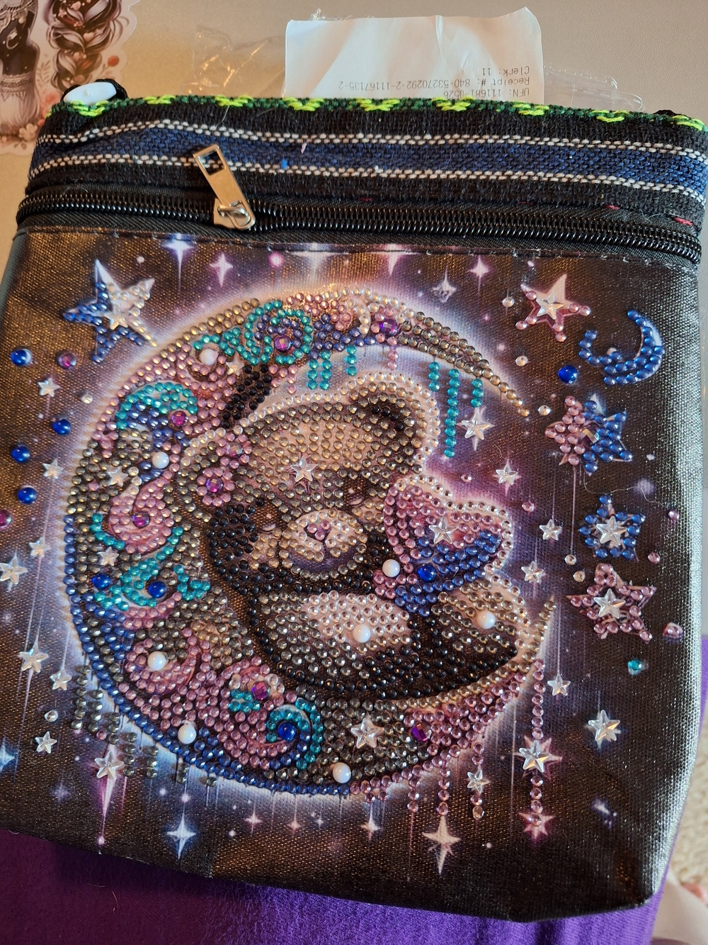 Embellished Moon & Bear Crossbody Bag - Black/Purple